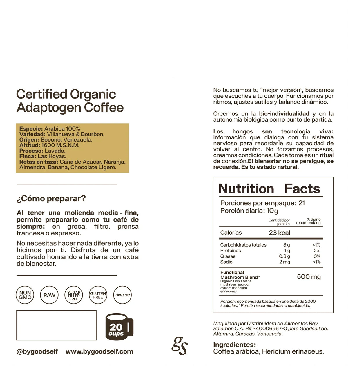 certified organic adaptogen coffee nutrition facts