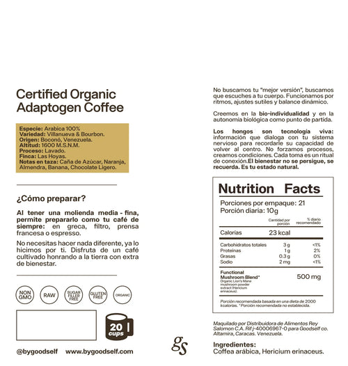 certified organic adaptogen coffee nutrition facts