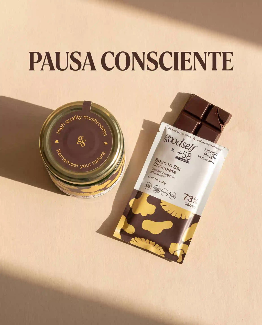 reishi orgánico en polvo y el chocolate bean to bar con reishi, hecho con cacao venezolano 73%.